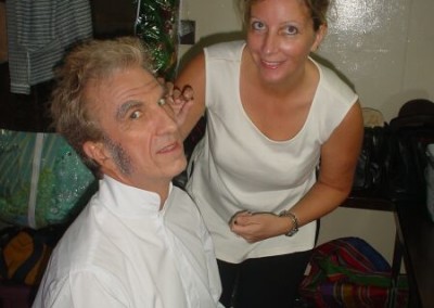 Jane Prichard puts the finishing touches on Barry Daniel's transformation makeup from Lane to Merriman
