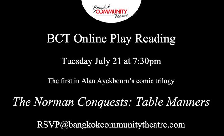 BCT’s Tuesday July 21 Online Play Reading of “Table Manners”